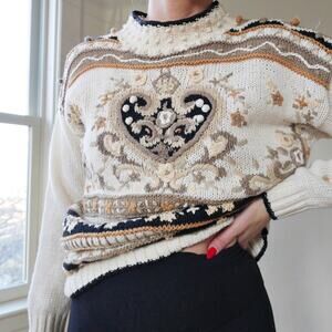 Cottagecore handknit sweater 80s vintage floral embroidered M